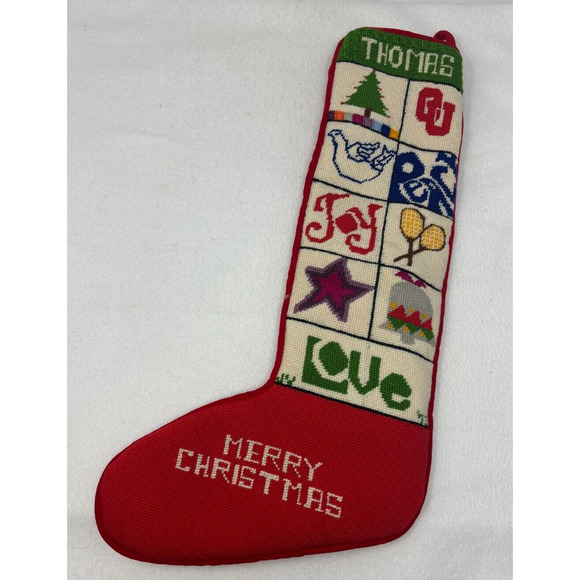 Vintage '73 Needlepoint Christmas Stocking Handmade Wool Cross Stitch - Picture 1 of 7